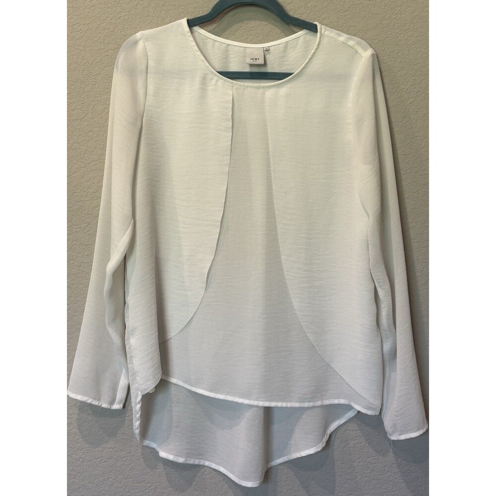 Ichi White Chiffon Layered Long Sleeve Blouse Top Women’s 38 Slight Sheer